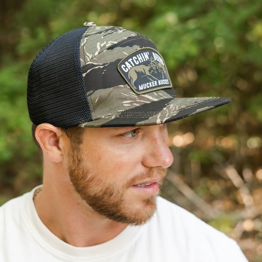 Catchin' Deers Tiger Stripe Camo Trucker Bucket